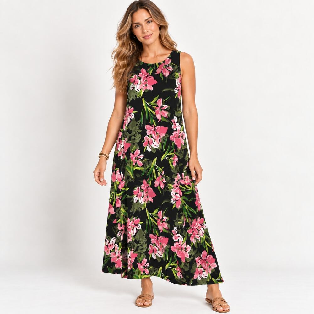 Susan Graver Liquid Knit Sleeveless Maxi Dress Women's Size XLP Black Floral